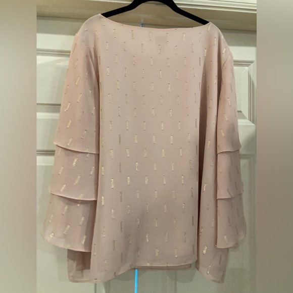 Chico’s pullover blouse in blush with gold accents, bell sleeves. - Picture 4 of 4